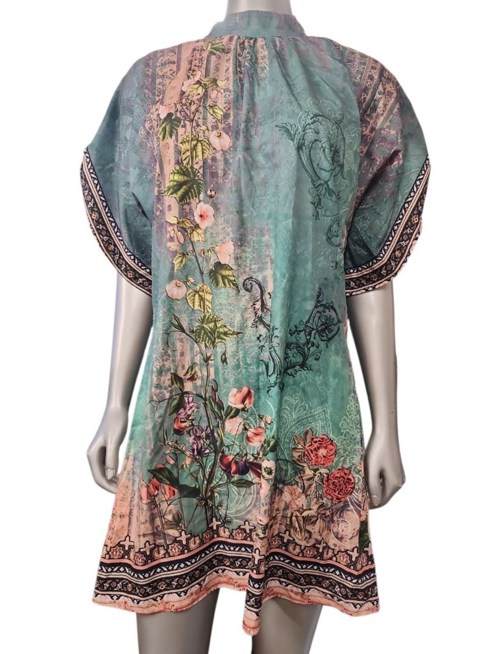 Romantic Botanical Print Kaftan Tunic Boho Baroque Floral Teal Mini Dress M - Picture 3 of 15
